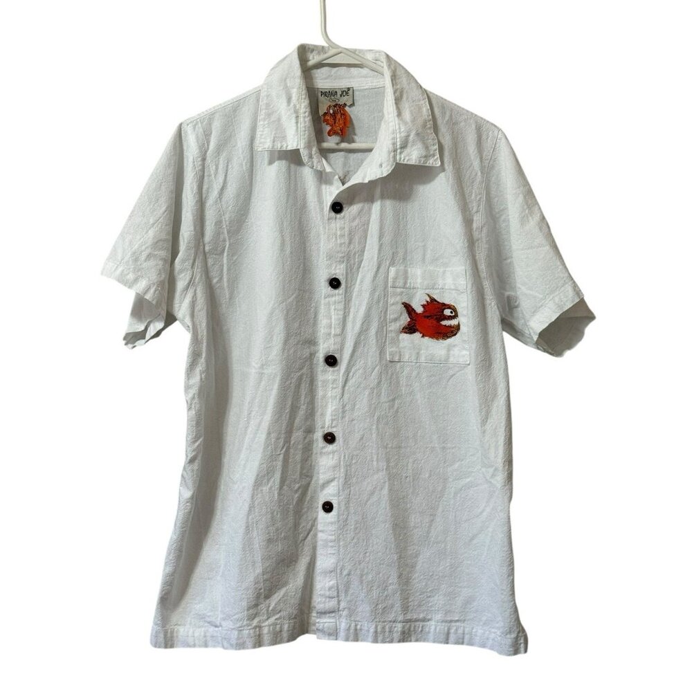 Pirana Joe White Cotton Button Down Size Medium Beach Travel Vacation‎ Preppy